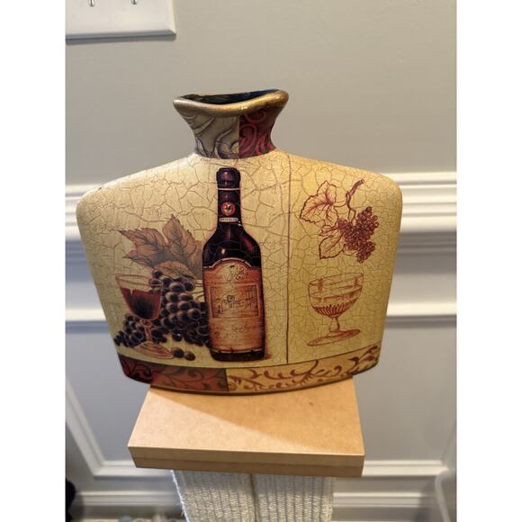 Tuscan Style Wine Bottle & Grapes Vase 10” x 9” Crackle Glaze Ceramic Decor - Picture 5 of 5